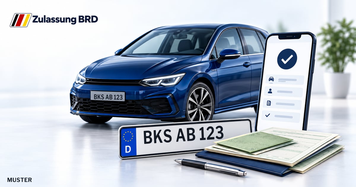 Online Fahrzeugzulassung in Wittlich: Musterkennzeichen BKS AB 123, Auto und Fahrzeugpapiere und Smartphone. Illustration mit Logo von Zulassung BRD.